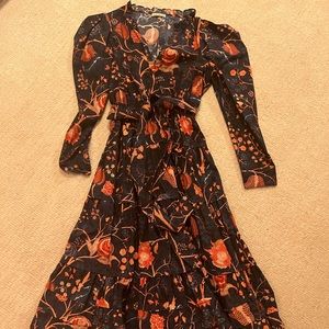 Ulla Johnson 4 Midi Dress with Long Sleeves, belted waist, and tiered skirt